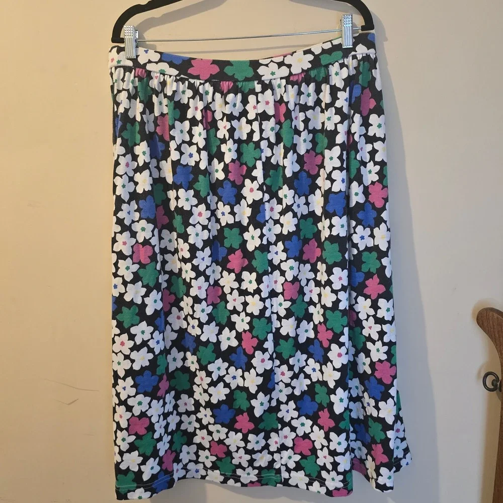 Koret Vintage Floral Daisy‎ Midi Skirt Black Multi Color Elastic Waist Large USA